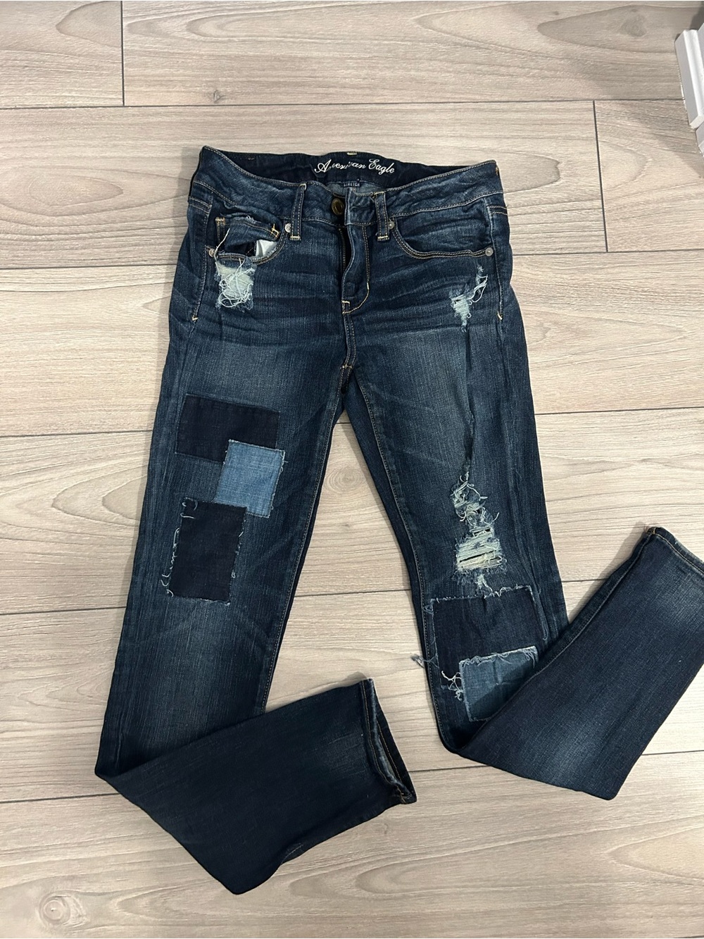 American Eagle Outfitters Women's Dark Wash Patchwork Ripped Skinny Jeans